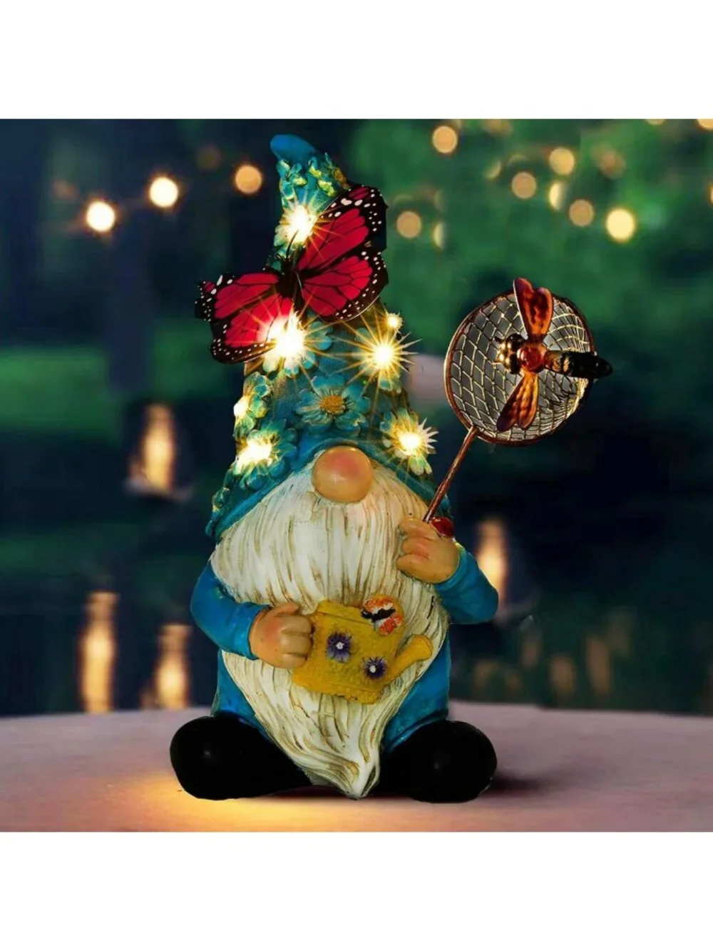 Solar Garden Gnome Statue with Butterfly & LED Flowers - Outdoor Decor for Patio